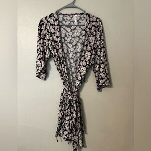 Flora Nikrooz Black Robe with Cream Floral Pattern